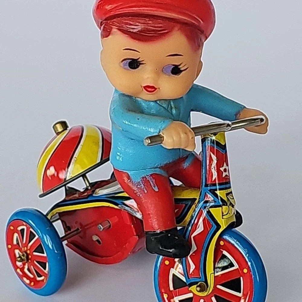 Vintage Tin Wind Up Toy Boy Riding Tricycle Late 50s Collectible‎ - Works - 1750